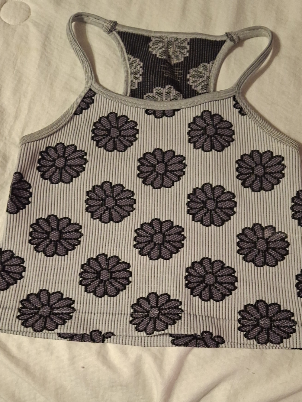 Sleeveless Ribbed Floral Tank Top - Light Gray with Black Flowers